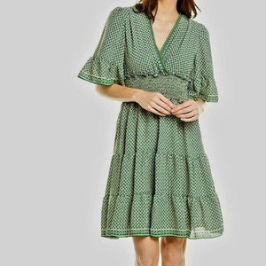 {MAX Studio} Flutter Sleeve, Ruched Waist Peasant Dress (Lined) in Green Chiffon